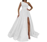 Women's Bridesmaid Dresses for Wedding with Satin One Shoulder Long Formal Party Gowns White UK16