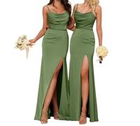 Women's Bridesmaid Dresses Ruched Silk Satin Spaghetti Straps Prom Dresses with Slit Sheath Formal Evening Gown Olive Green UK10
