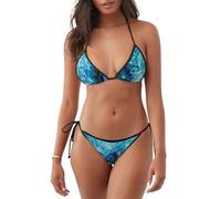 Women's Bright Aqua Blue Turquoise Print Two Piece Triangle String Bikini Set,Sexy Halter Tie Side Swimsuit with Adjustable Straps