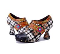 Women's Bright Color Patchwork Studded Leather & Fabric Chunky Block Heel Pumps - Retro Party Dress Shoes (Black and Brown, Adult, Women, 7, Numeric, UK Footwear Size System, Medium)