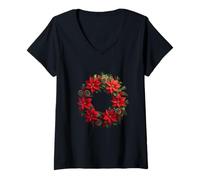 Womens Bright Red Poinsettia and Greenery Circle V-Neck T-Shirt