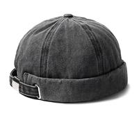 Womens Brimless Skullcap Mens Vintage Docker Beanie Cap Washed Cotton Rolled Cuff Harbour Hat, Black, One size