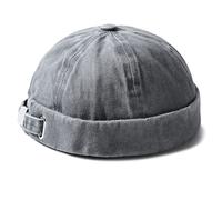 Womens Brimless Skullcap Mens Vintage Docker Beanie Cap Washed Cotton Rolled Cuff Harbour Hat, Grey, One size