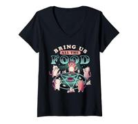 Women's Bring Us All the Food Cat Seance Cute Pentagram EduEly V-Neck T-Shirt