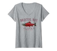Womens Bristol Bay Alaska Salmon Since 1818 Arched Burgundy Letters V-Neck T-Shirt