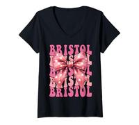Womens Bristol Name Coquette Bow Aesthetic for Women Girls V-Neck T-Shirt