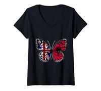 Womens Britain and Albania Mix Butterfly British Albanian Roots V-Neck T-Shirt