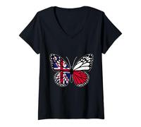 Womens Britain and Poland Mix Butterfly British Polish Roots Polska V-Neck T-Shirt