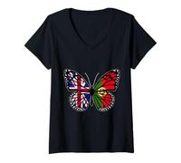 Womens Britain and Portugal Mix Butterfly British Portuguese Roots V-Neck T-Shirt