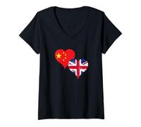 Womens British Chinese Pride on National Day A Cool China UK Flag V-Neck T-Shirt
