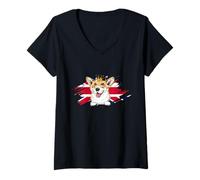 Womens British Corgi Dog with Crown and UK Flag London England V-Neck T-Shirt