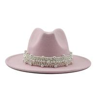Women's British Fashion Elegant Jazz Hat Pearl with Top Hat Big Brim Hat Ladies Woolen Hat Headband Ladies (Pink, L)