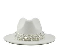 Women's British Fashion Elegant Jazz Hat Pearl with Top Hat Big Brim Hat Ladies Woolen Hat Summer Hat Men (White, M)