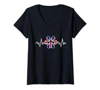 Womens British Flag Dog Paw Print Heartbeat - UK Flag Pulse Line V-Neck T-Shirt