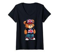 Women's British Flag Teddy Bear Great Britain Hip Hop V-Neck T-Shirt