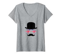 Women's British Gentleman Bowler Hat, Union Jack Aviators V-Neck T-Shirt