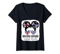 Womens British Grown Greek Roots Girl Britain Greece Heritage V-Neck T-Shirt