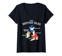 Womens British Isles Sea Ireland Scotland Wales England Map Coins V-Neck T-Shirt