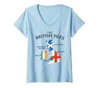 Womens British Isles Sea Ireland Scotland Wales England Map Coins V-Neck T-Shirt