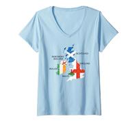 Womens British Isles Sea Ireland Scotland Wales England Map Coins V-Neck T-Shirt