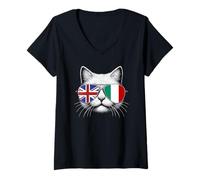 Women's British Italian Flag Funny Cat Great Britain Italy Heritage V-Neck T-Shirt