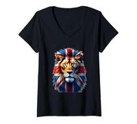 Womens British Lion Spirit - UK Flag Wildlife Art V-Neck T-Shirt