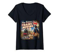 Women's British Railway Enthusiast Vintage Steam Train Trainspotter V-Neck T-Shirt