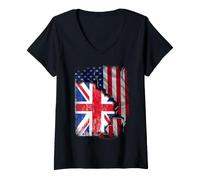 Women's British Roots | Half American Flag Patrioitc |United Kingdom V-Neck T-Shirt
