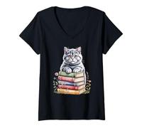 Womens British Shorthair Cat Bookworm Flowers Book Reading Books V-Neck T-Shirt