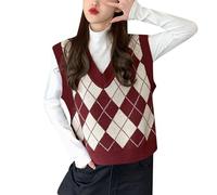Women's British Style Sweater Vest,Diamond Stripe Knitted Sleeveless V Neck Jumpers Tank Top,Retro Waistcoat,Preppy Style Streetwear Knitwear Pullovers Vintage Stylish Sweatshirts Red