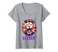 Womens British UK Lion Union Jack Mane Lion's Roaring Great Britain V-Neck T-Shirt