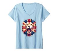 Womens British UK Lion Union Jack Mane Lion's Roaring Great Britain V-Neck T-Shirt