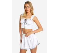 Womens Broderie Contrast Bow Crop Top - White - 10, White