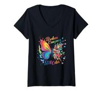Women's Broken Crayons Still Colors Mental Health Rainbow Butterfly V-Neck T-Shirt