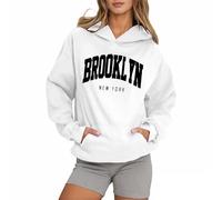 Womens Brooklyn New York Cotton Hoodies Cute Letter Graphic Pullover Sweatshirts Preppy Loose Fit Hooded Casual Tops Essential with Hood Fashion Thin Fall Cartoon 2025 Western Y2K White