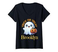 Womens Brooklyn Personalized Name Cute Ghost Halloween V-Neck T-Shirt