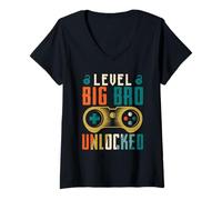 Womens Brothers Level Big BRO Unlocked Funny Gaming V-Neck T-Shirt