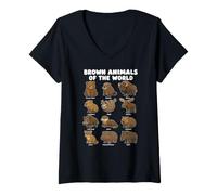 Women's Brown Animals of The World Wildlife Chart Bear Otter V-Neck T-Shirt