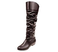 Womens Brown Boots Knee High Boots for Women UK - Waterproof Combat Style Pull on, Platform Heel, Wide Fitting Comfortable for Walking Riding Size 5