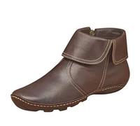 Women's Brown Flat Ankle Boots with Wrap over Collar, Soft Upper Comfort Booties, Lightweight Flexible Sole, Side Zip Design, Contrast Stitching Detail, Round Toe Walking Shoes