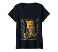 Women's Brown Fox Howling to The Moon Mystic Forest Wild Foxes V-Neck T-Shirt