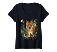 Women's Brown Fox Howling to The Moon Mystic Forest Wild Foxes V-Neck T-Shirt