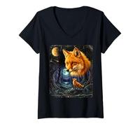 Women's Brown Fox Howling to The Moon Mystic Forest Wild Foxes V-Neck T-Shirt