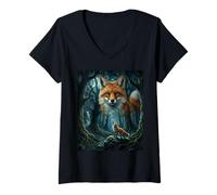 Women's Brown Fox Howling to The Moon Mystic Forest Wild Foxes V-Neck T-Shirt