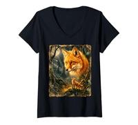 Women's Brown Fox Howling to The Moon Mystic Forest Wild Foxes V-Neck T-Shirt