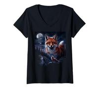 Women's Brown Fox Howling to The Moon Mystic Forest Wild Foxes V-Neck T-Shirt