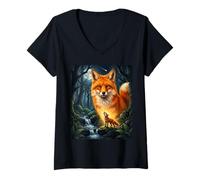 Women's Brown Fox Howling to The Moon Mystic Forest Wild Foxes V-Neck T-Shirt