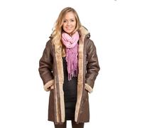 Women's Brown Long Winter Hooded Real Shearling Sheepskin Leather Duffle Coat