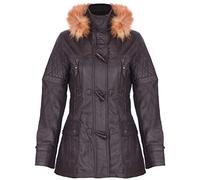 Women's Brown Quilted Leather Parka Jacket with Detachable Hood 2XL