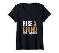 Womens Brown Rise, Grind, Hustle, Shine Brown Graphic V-Neck T-Shirt